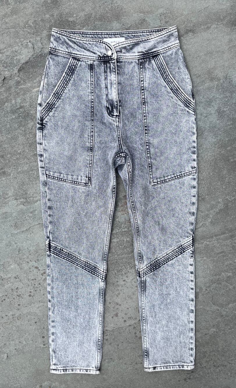 ba&sh Paris Lady Jeans High Rise Moto Acid Wash Denim Gray Noir 1 S 26 27 $265